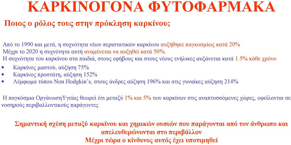 5% κάθε χρόνο Καρκίνος μαστού, αύξηση 75% Καρκίνος προστάτη, αύξηση 152% Λέμφωμα τύπου Non Hodgkin s, στους άνδρες αύξηση 196% και στις γυναίκες αύξηση 214% Ηπαγκόσμια ΟργάνωσηΥγείας θεωρεί