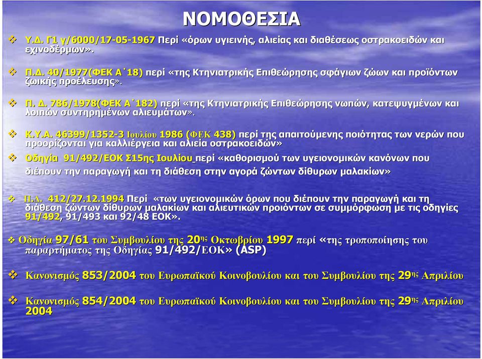 182) περί «της Κτηνιατρικής Επιθεώρησης νωπών, κατεψυγµένων και λοιπών συντηρηµένων αλιευµάτων». Κ.Υ.Α.