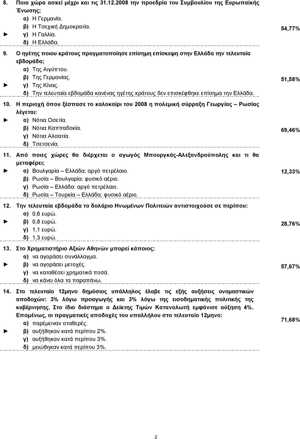 δ) Την τελευταία εβδοµάδα κανένας ηγέτης κράτους δεν επισκέφθηκε επίσηµα την Ελλάδα. 10. Η περιοχή όπου ξέσπασε το καλοκαίρι του 2008 η πολεµική σύρραξη Γεωργίας Ρωσίας λέγεται: α) Νότια Οσετία.