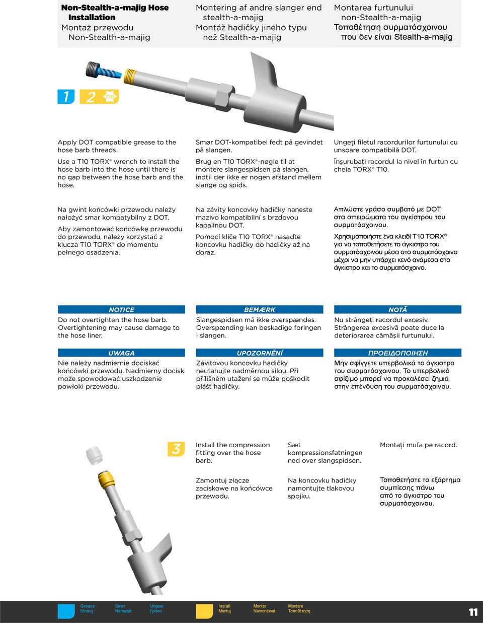 Use a T10 TORX wrench to install the hose barb into the hose until there is no gap between the hose barb and the hose. Smør DOT-kompatibel fedt på gevindet på slangen.