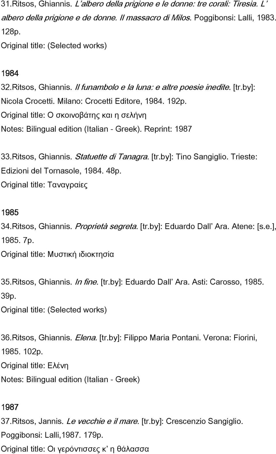 Trieste: Edizioni del Tornasole, 1984. 48p. Original title: Ταναγραίες 1985 34.Ritsos, Ghiannis. Proprietà segreta. [tr.by]: Eduardo Dall Ara. Atene: [s.e.], 1985. 7p.