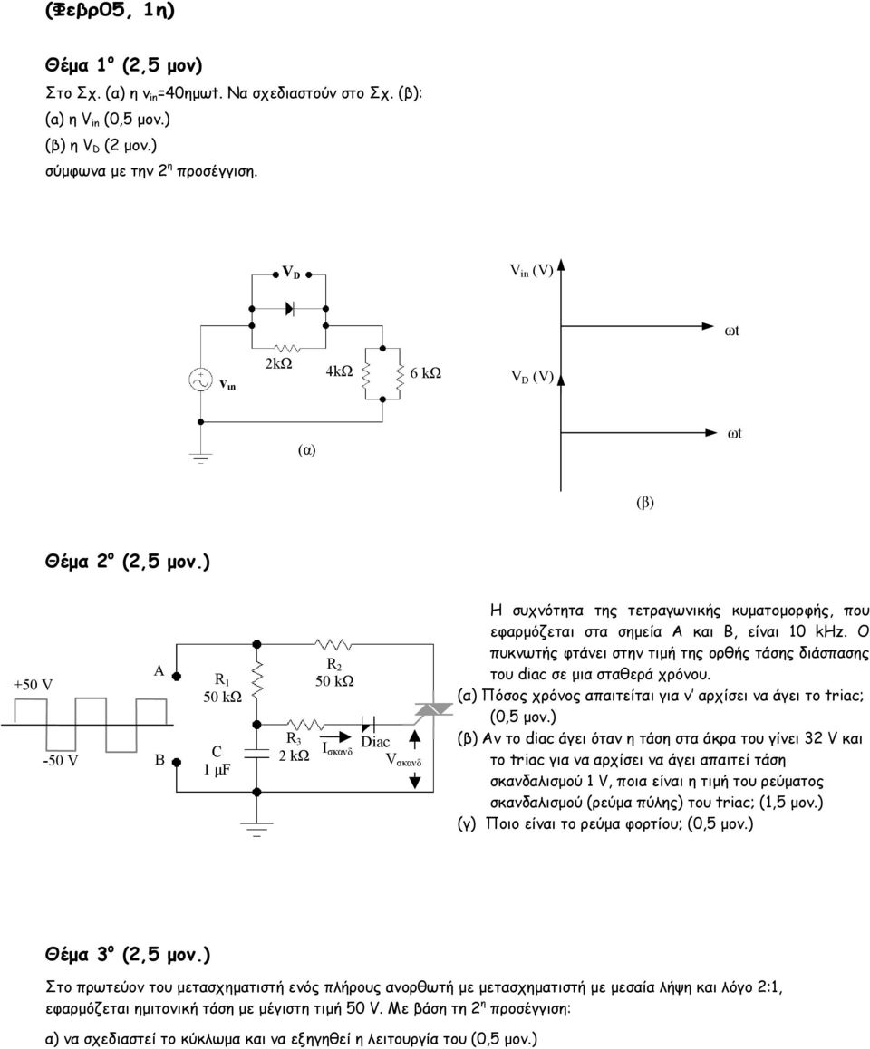 ) +50 V -50 V Α Β R 1 50 kω C 1 µf R 3 2 kω R 2 50 kω Ι σκανδ Diac V σκανδ Η συχνότητα της τετραγωνικής κυµατοµορφής, που εφαρµόζεται στα σηµεία Α και Β, είναι 10 khz.