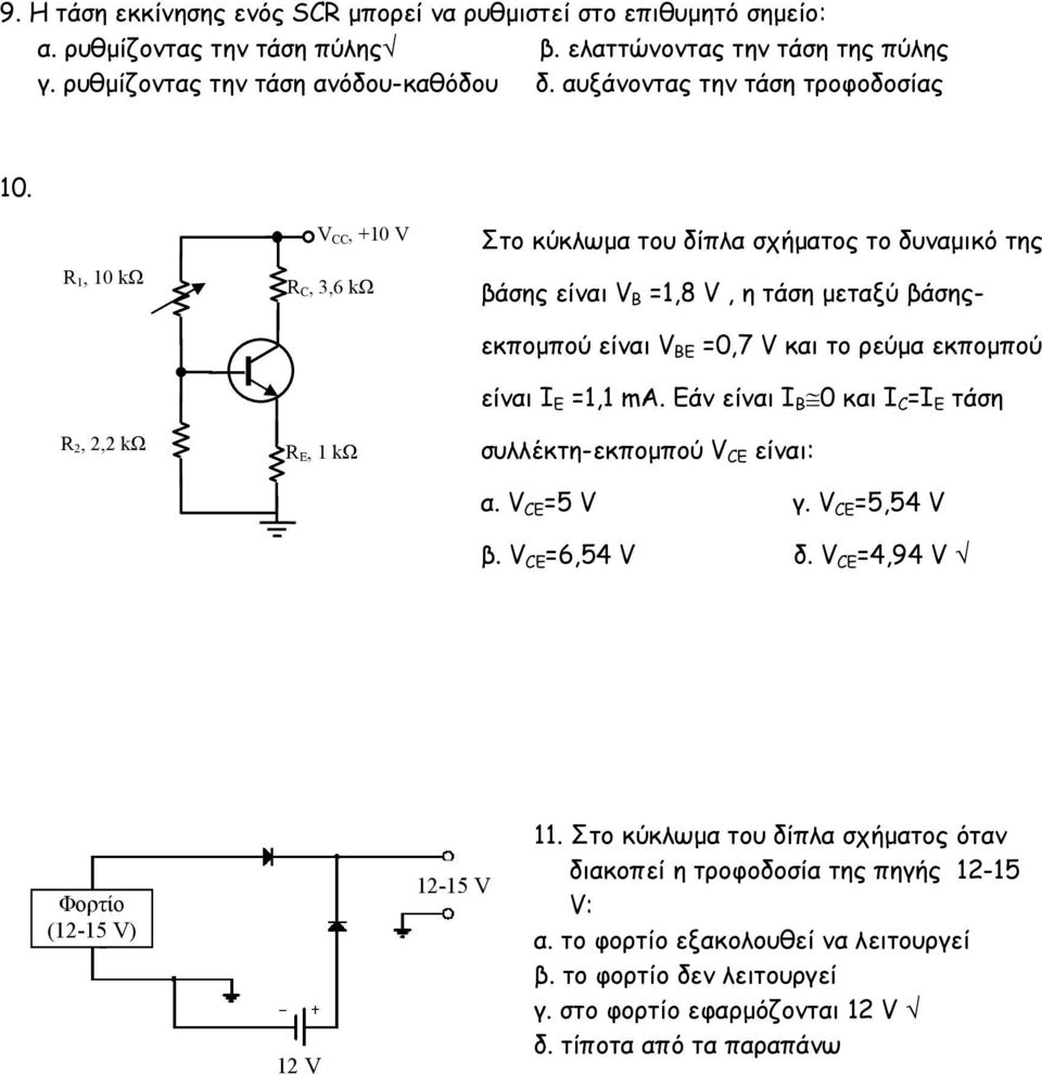 R 1, 10 kω R 2, 2,2 kω V CC, +10 V R C, 3,6 kω R E, 1 kω Στο κύκλωµα του δίπλα σχήµατος το δυναµικό της βάσης είναι V B =1,8 V, η τάση µεταξύ βάσηςεκποµπού είναι V BE =0,7 V και το ρεύµα εκποµπού