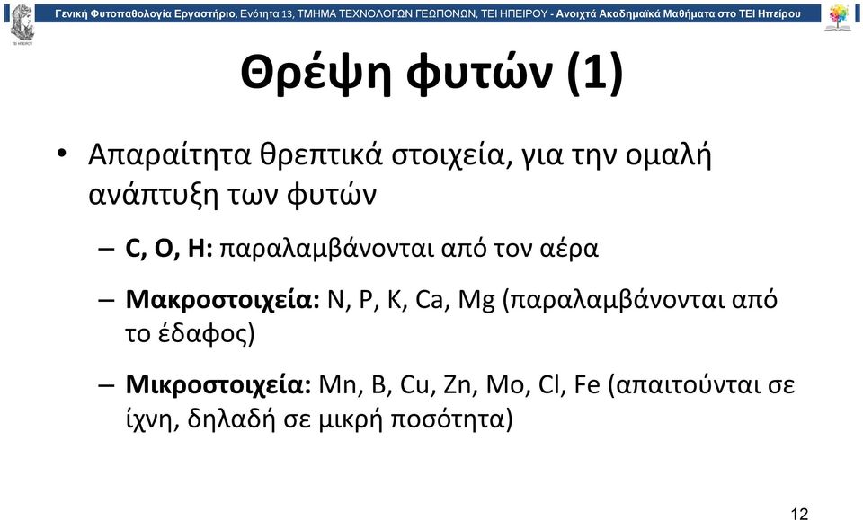 Μακροστοιχεία: N, P, K, Ca, Mg (παραλαμβάνονται από το έδαφος)