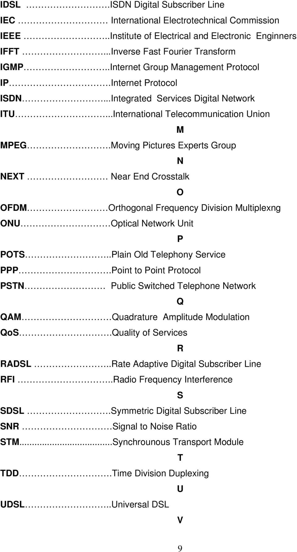 Moving Pictures Experts Group N NEXT Near End Crosstalk O OFDM Orthogonal Frequency Division Multiplexng ONU Optical Network Unit P POTS..Plain Old Telephony Service PPP.