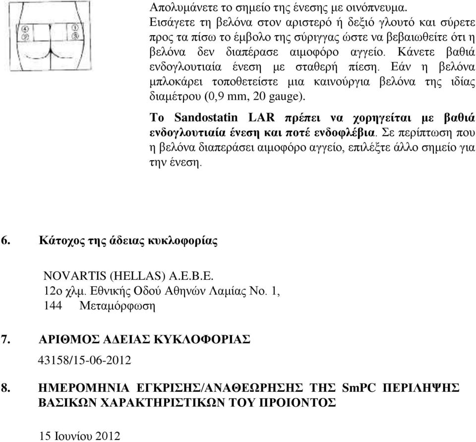 Κάνετε βαθιά ενδογλουτιαία ένεση με σταθερή πίεση. Εάν η βελόνα μπλοκάρει τοποθετείστε μια καινούργια βελόνα της ιδίας διαμέτρου (0,9 mm, 20 gauge).