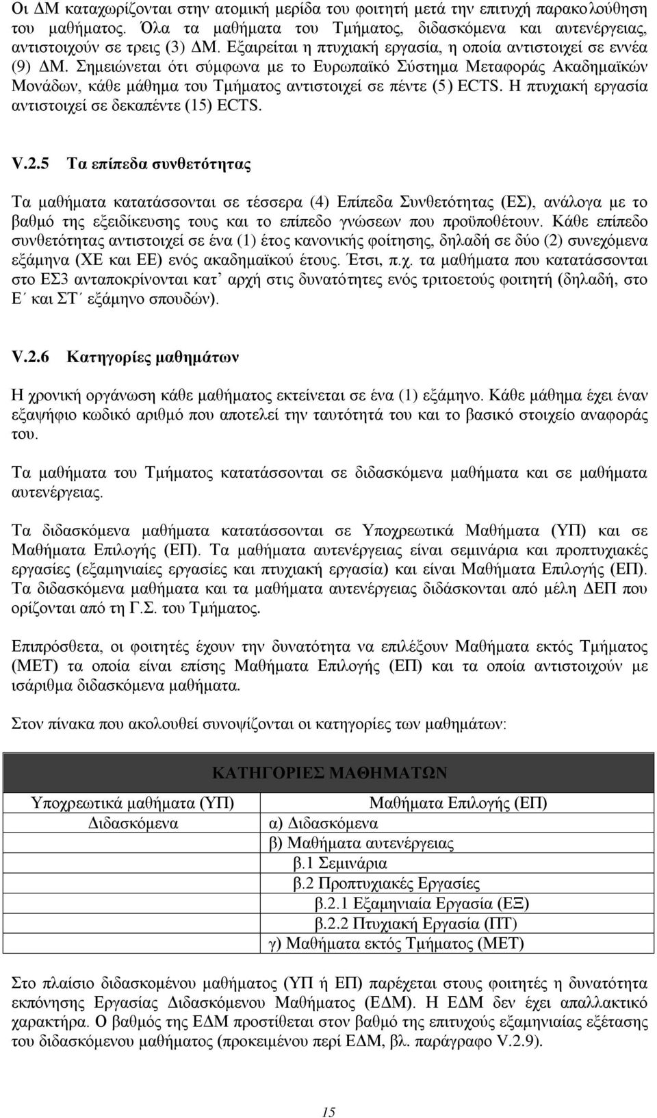 Σημειώνεται ότι σύμφωνα με το Ευρωπαϊκό Σύστημα Μεταφοράς Ακαδημαϊκών Μονάδων, κάθε μάθημα του Τμήματος αντιστοιχεί σε πέντε (5) ECTS. H πτυχιακή εργασία αντιστοιχεί σε δεκαπέντε (15) ECTS. V.2.