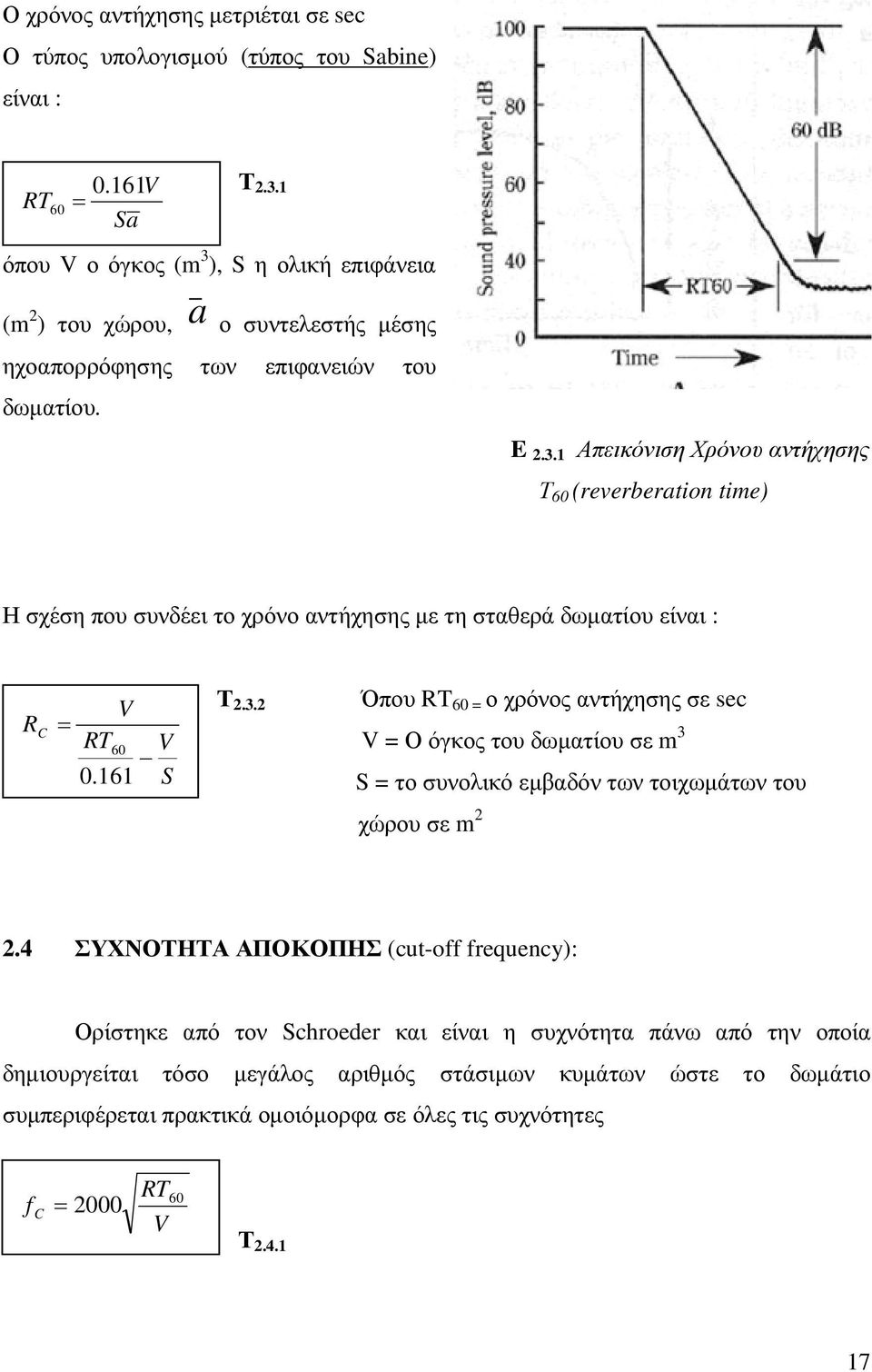 161 V S Τ 2.3.2 Όπου RT 60 = ο χρόνος αντήχησης σε sec V = Ο όγκος του δωµατίου σε m 3 S = το συνολικό εµβαδόν των τοιχωµάτων του χώρου σε m 2 2.