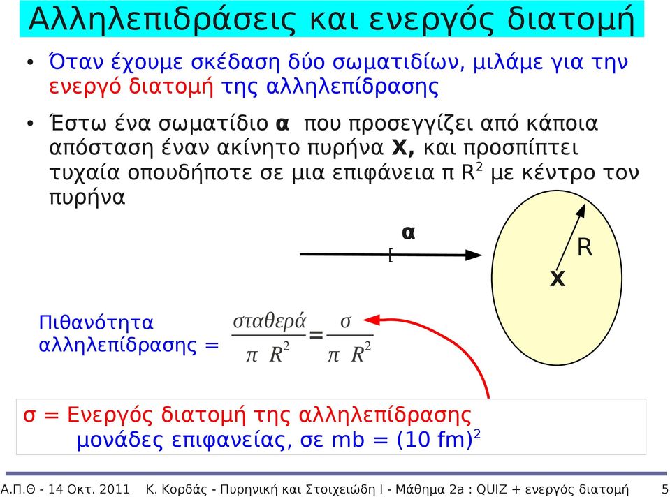 R 2 με κέντρο τον πυρήνα [ α X R Πιθανότητα αλληλεπίδρασης = σταθερά π R 2 = σ π R 2 σ = Ενεργός διατομή της αλληλεπίδρασης