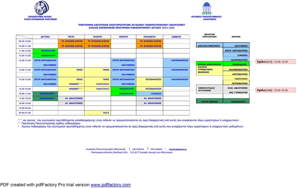 ΚΟΛΥΜΒΗΤΗΡΙΟ ΚΟΛΥΜΒΗΣΗ 11.00-12.00 ΠΟΔΟΣΦΑΙΡΟ* ΕΠΙΤΡ. ΑΝΤΙΣΦΑΙΡΙΣΗ 12.00-13.00 ΠΟΔΟΣΦΑΙΡΟ* ΞΙΦΑΣΚΙΑ 13.30-14.00 ΕΠΙΤΡ.ΑΝΤΙΣΦΑΙΡΙΣΗ ΕΠΙΤΡ.ΑΝΤΙΣΦΑΙΡΙΣΗ ΥΔΑΤΟΣΦΑΙΡΙΣΗ ΚΟΛΥΜΒΗΣΗ ΚΟΛΥΜΒΗΣΗ 14.00-14.