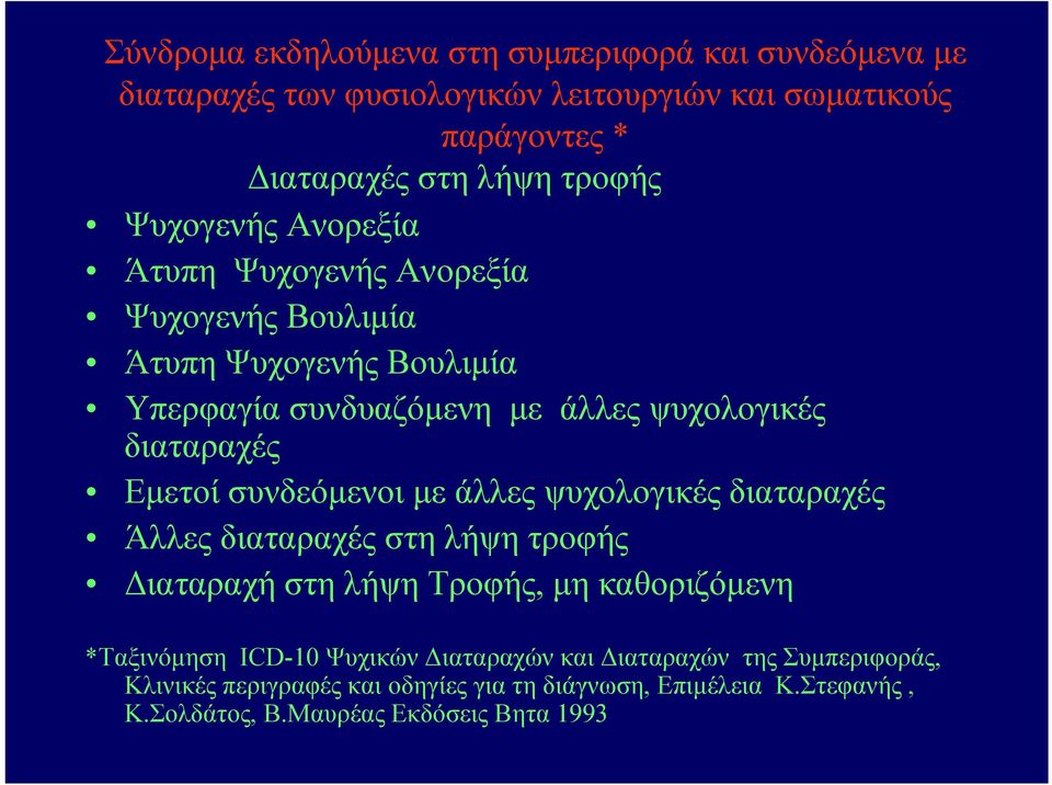 συνδεόμενοι με άλλες ψυχολογικές διαταραχές Άλλες διαταραχές στη λήψη τροφής Διαταραχή στη λήψη Τροφής, μη καθοριζόμενη *Ταξινόμηση ICD-10 Ψυχικών