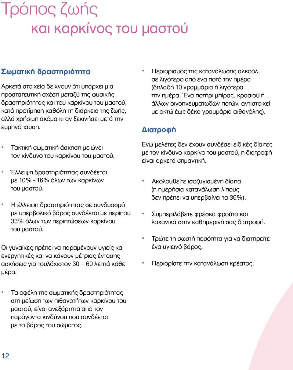 Έλλειψη δραστηριότητας συνδέεται με 10% - 16% όλων των καρκίνων του μαστού. Η έλλειψη δραστηριότητας σε συνδυασμό με υπερβολικό βάρος συνδέεται με περίπου 33% όλων των περιπτώσεων καρκίνου του μαστού.