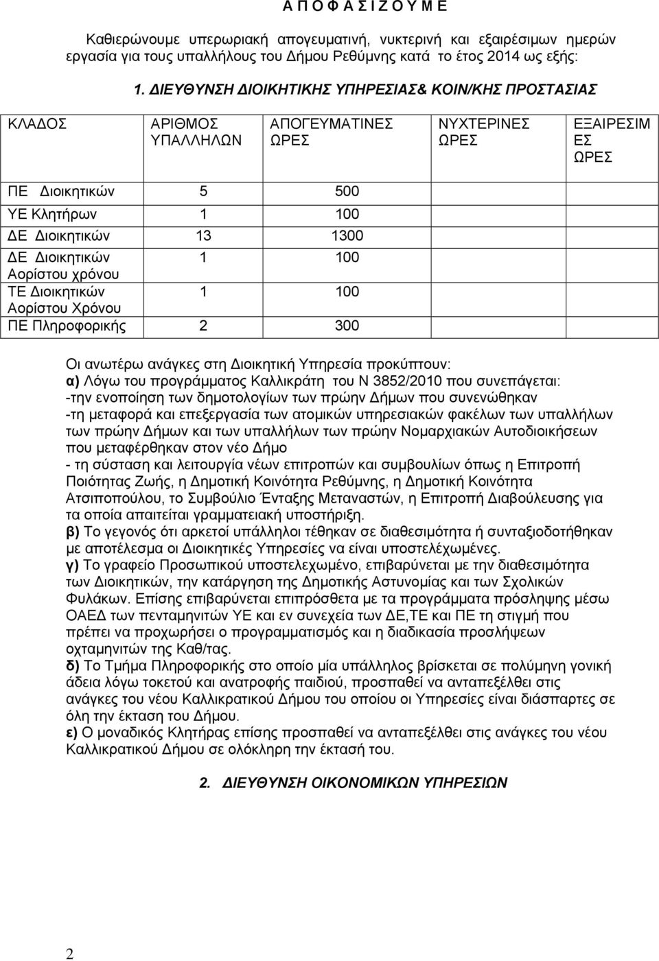 Χρόνου ΠΕ Πληροφορικής 2 300 Οι ανωτέρω ανάγκες στη ιοικητική Υπηρεσία προκύπτουν: α) Λόγω του προγράμματος Καλλικράτη του Ν 3852/2010 που συνεπάγεται: -την ενοποίηση των δημοτολογίων των πρώην ήμων