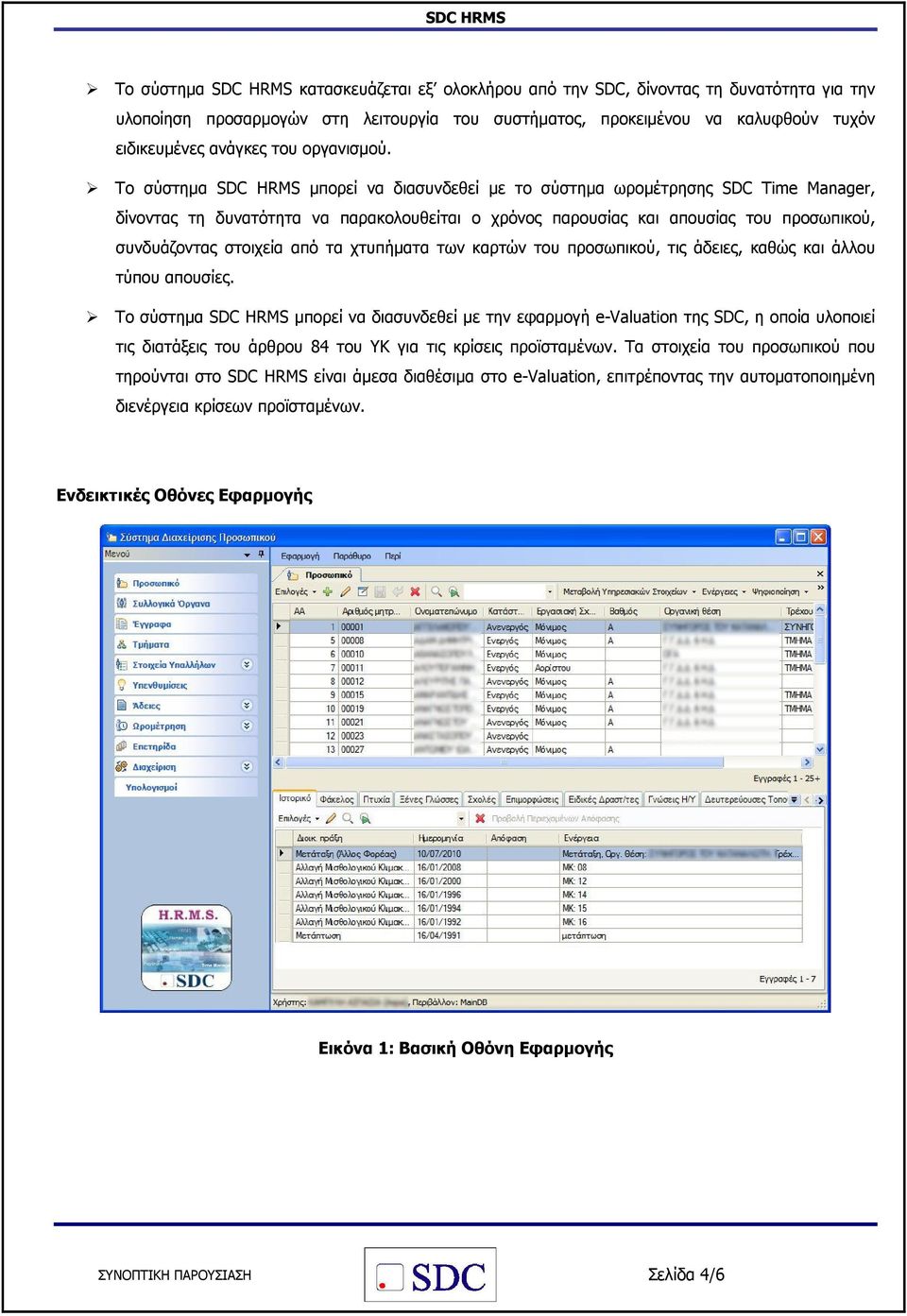 Το σύστηµα SDC HRMS µπορεί να διασυνδεθεί µε το σύστηµα ωροµέτρησης SDC Time Manager, δίνοντας τη δυνατότητα να παρακολουθείται ο χρόνος παρουσίας και απουσίας του προσωπικού, συνδυάζοντας στοιχεία