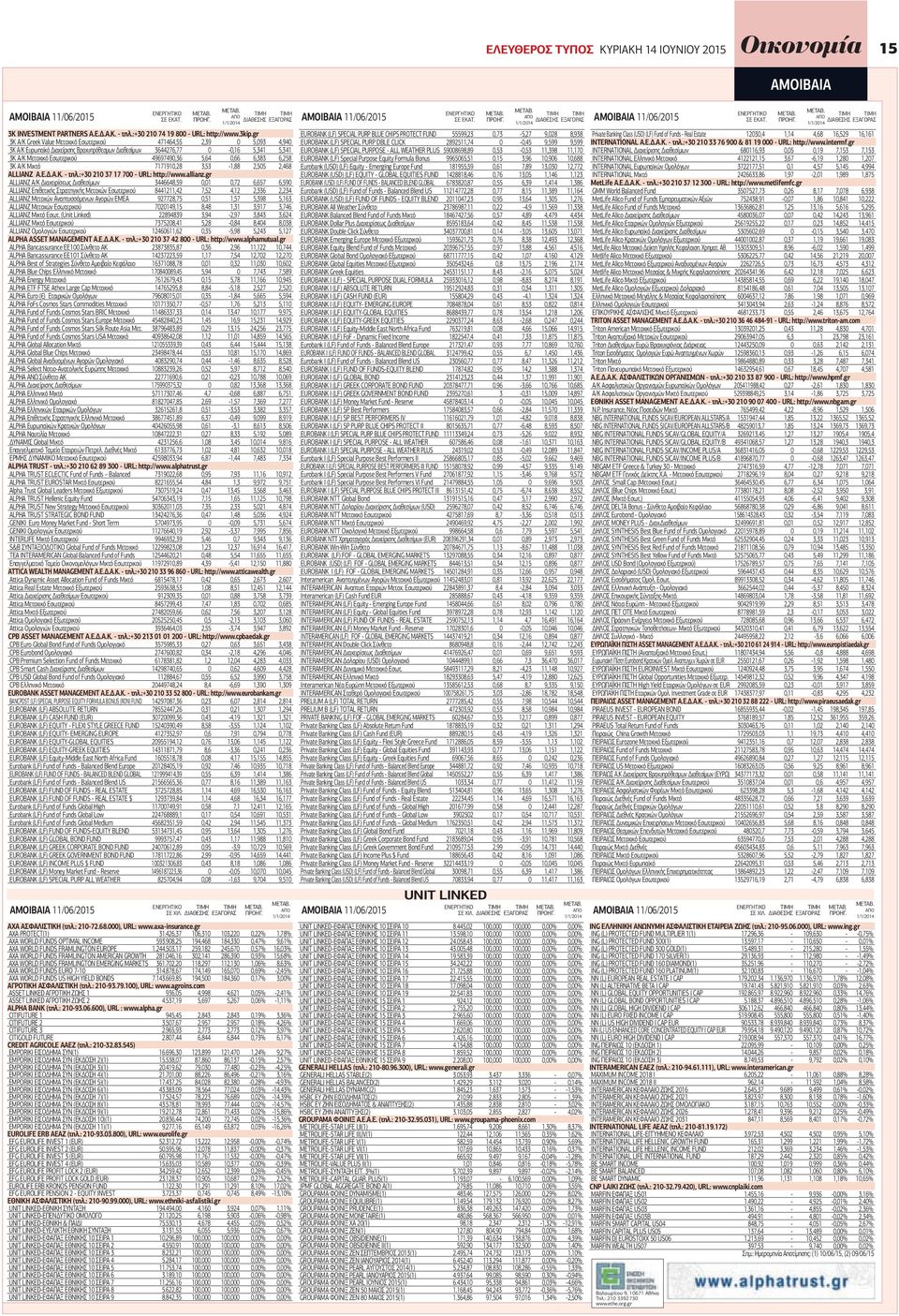 gr 3K A/K Greek Value Μετοχικό Εσωτερικού 471464,55 2,39 0 5,093 4,940 3Κ Α/Κ Ευρωπαϊκό Διαχείρισης Βραχυπρόθεσμων Διαθεσίμων 3644276,77 0-0,16 5,341 5,341 3Κ Α/Κ Μετοχικό Εσωτερικού 49697490,36 5,64