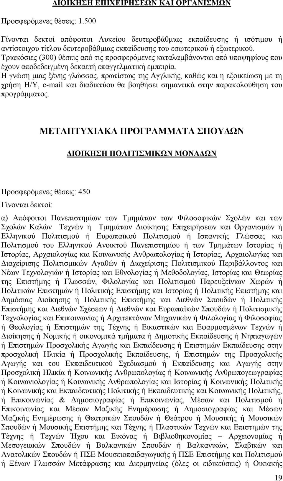 Τριακόσιες (300) θέσεις από τις προσφερόμενες καταλαμβάνονται από υποψηφίους που έχουν αποδεδειγμένη δεκαετή επαγγελματική εμπειρία.