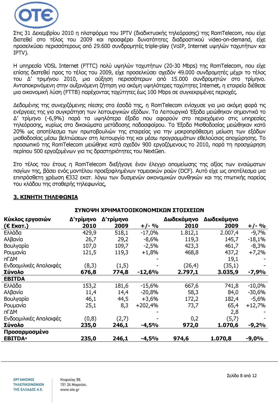 Η υπηρεσία VDSL Internet (FTTC) πολύ υψηλών ταχυτήτων (20-30 Mbps) της RomTelecom, που είχε επίσης διατεθεί προς το τέλος του 2009, είχε προσελκύσει σχεδόν 49.