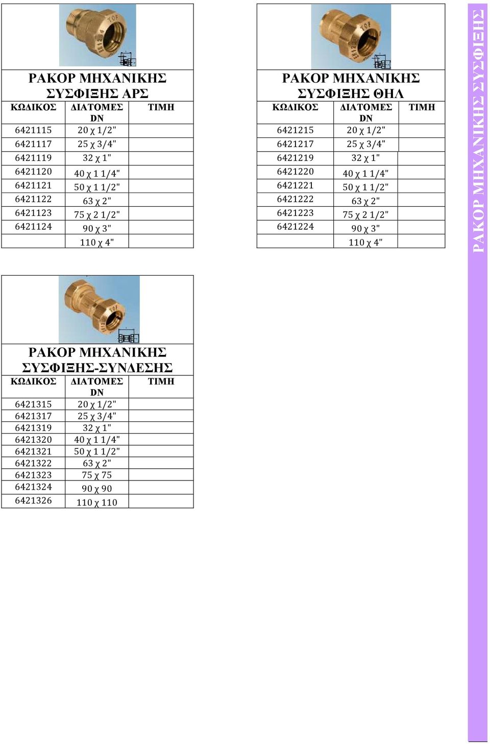 21/2" 6421223 75 χ 21/2" 6421124 90 χ 3" 6421224 90 χ 3" 110 χ 4" 110 χ 4" ΡΑΚΟΡ ΜΗΧΑΝΙΚΗΣ ΣΥΣΦΙΞΗΣ ΡΑΚΟΡ ΜΗΧΑΝΙΚΗΣ ΣΥΣΦΙΞΗΣ-ΣΥΝ ΕΣΗΣ 6421315