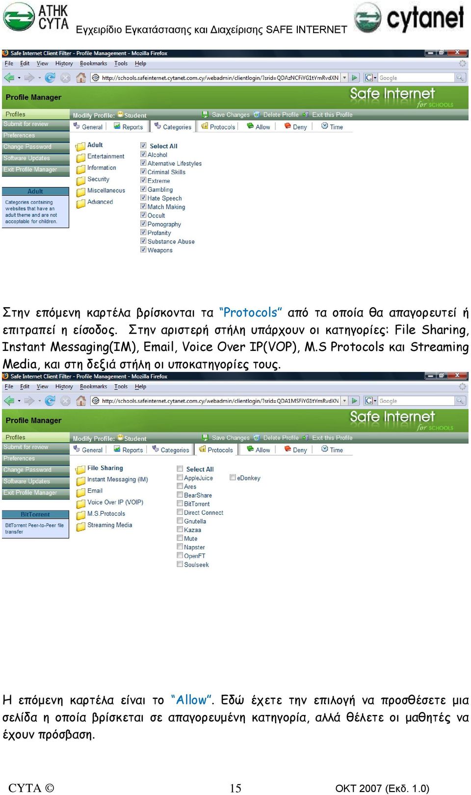 S Protocols και Streaming Media, και στη δεξιά στήλη οι υποκατηγορίες τους. Η επόμενη καρτέλα είναι το Allow.