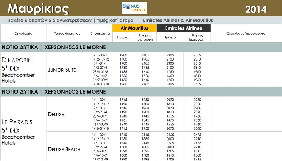 PARADIS 5* DLX 16/7-30/9 1490 1490 1240 1165 1240 1940 1940 1390 1300 1950 1700 1950 1700 1345 1950 2145