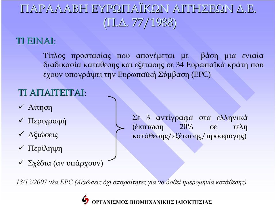 . 77/1988) ΤΙ ΕΙΝΑΙ: Τίτλος προστασίας που απονέμεται με βάση μια ενιαία διαδικασία κατάθεσης και εξέτασης σε