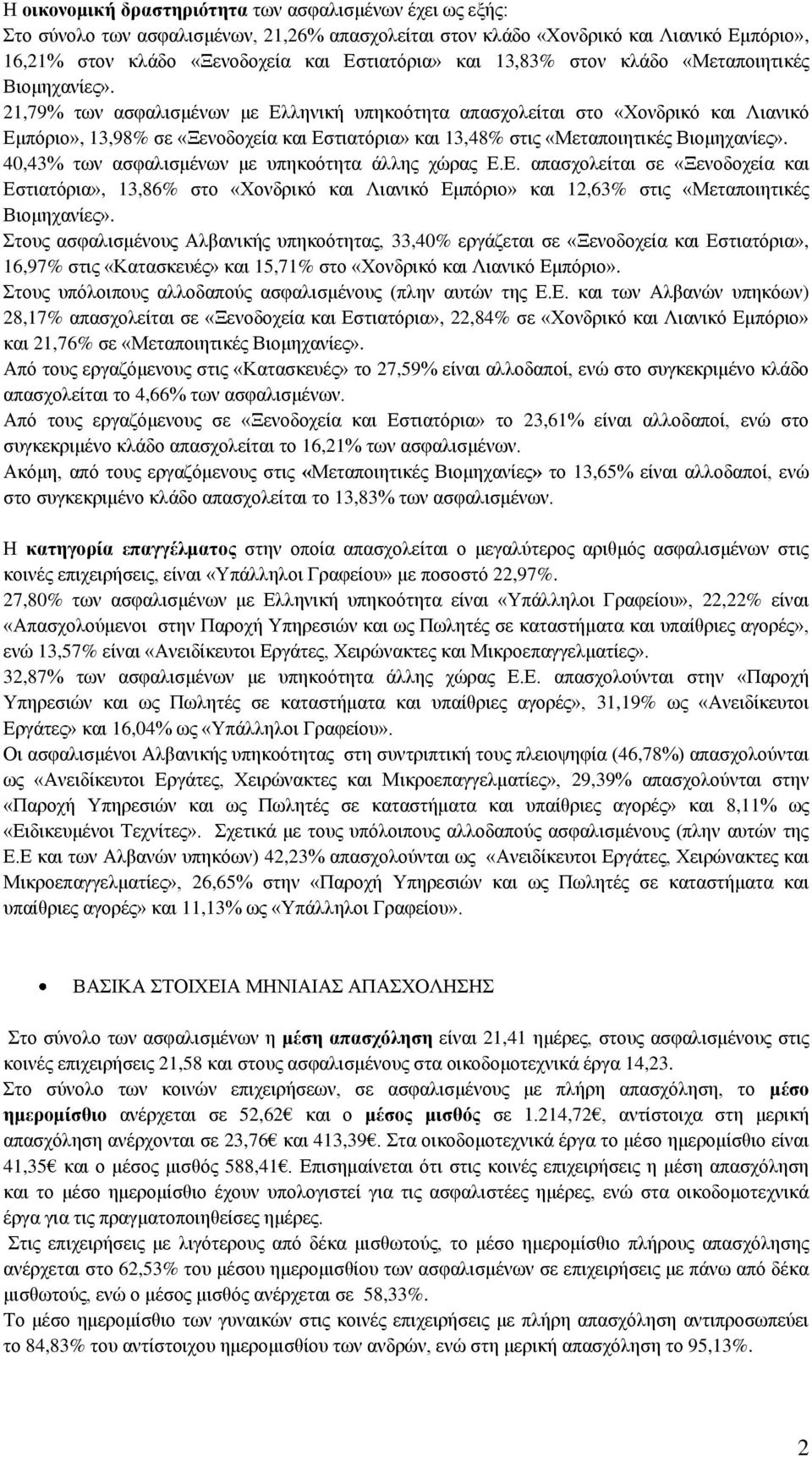 21,79 των ασφαλισμένων με Ελληνική υπηκοότητα απασχολείται στο «Χονδρικό και Λιανικό Εμπόριο», 13,98 σε «Ξενοδοχεία και Εστιατόρια» και 13,48 στις «Μεταποιητικές Βιομηχανίες».