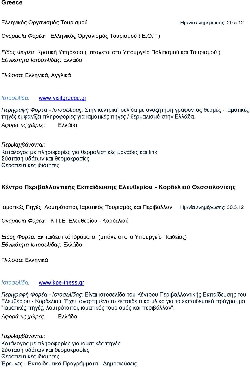 Ελλάδα Κατάλογος με πληροφορίες για θερμαλιστικές μονάδες και link Κέντρο Περιβαλλοντικής Εκπαίδευσης Ελευθερίου - Κορδελιού Θεσσαλονίκης Ιαματικές Πηγές, Λουτρότοποι, Ιαματικός Τουρισμός και
