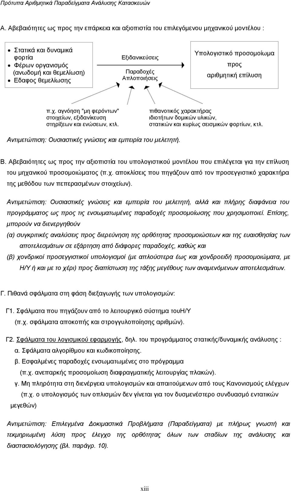 πιθανοτικός χαρακτήρας ιδιοτήτων δοµικών υλικών, στατικών και κυρίως σεισµικών φορτίων, κτλ. Αντιµετώπιση: Ουσιαστικές γνώσεις και εµπειρία του µελετητή. Β.