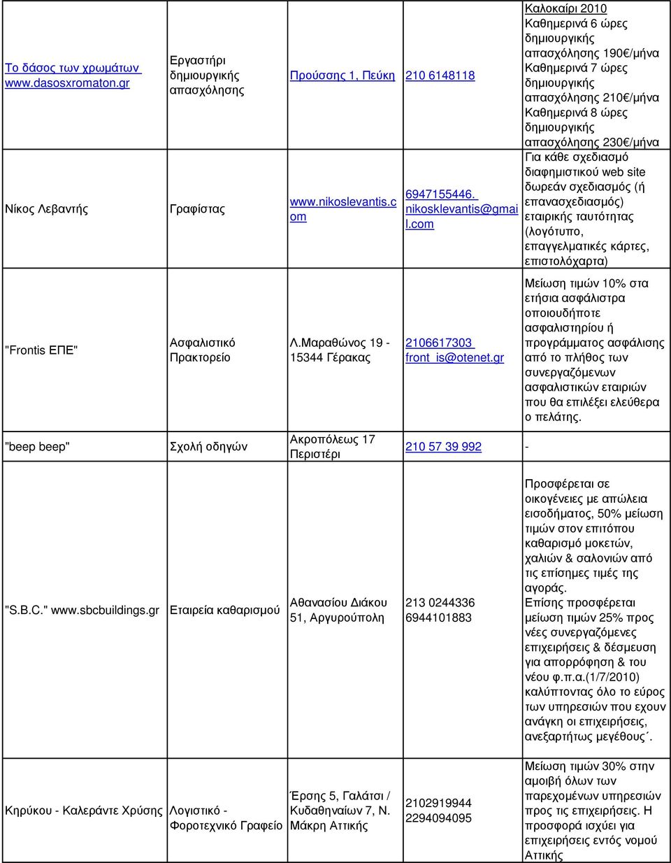 gr 210 57 39 992 Καλοκαίρι 2010 Καθηµερινά 6 ώρες δηµιουργικής απασχόλησης 190 /µήνα Καθηµερινά 7 ώρες δηµιουργικής απασχόλησης 210 /µήνα Καθηµερινά 8 ώρες δηµιουργικής απασχόλησης 230 /µήνα Για κάθε