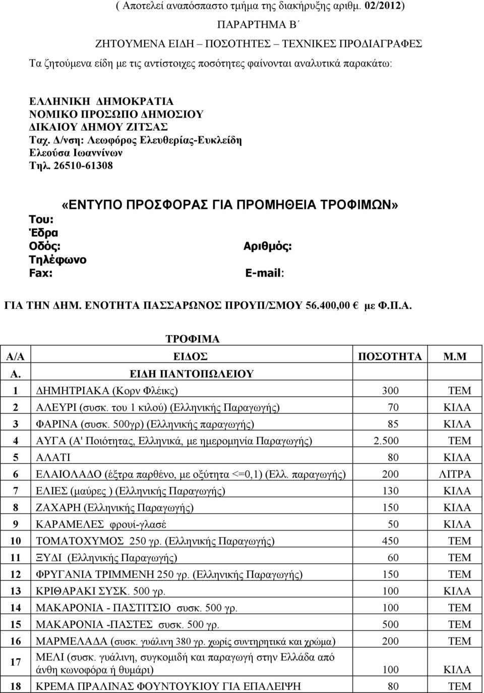 ΔΗΜΟΥ ΖΙΤΣΑΣ Ταχ. Δ/νση: Λεωφόρος Ελευθερίας-Ευκλείδη Ελεούσα Ιωαννίνων Τηλ. 26510-61308 «ΕΝΤΥΠΟ ΠΡΟΣΦΟΡΑΣ ΓΙΑ ΠΡΟΜΗΘΕΙΑ ΤΡΟΦΙΜΩΝ» Tου: Έδρα Οδός: Αριθμός: Τηλέφωνο Fax: E-mail: ΓΙΑ ΤΗΝ ΔΗΜ.