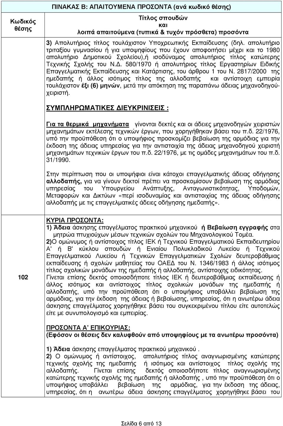 . 580/1970 ή απολυτήριος τίτλος Εργαστηρίων Ειδικής Επαγγελµατικής Εκπαίδευσης Κατάρτισης, του άρθρου 1 του Ν.