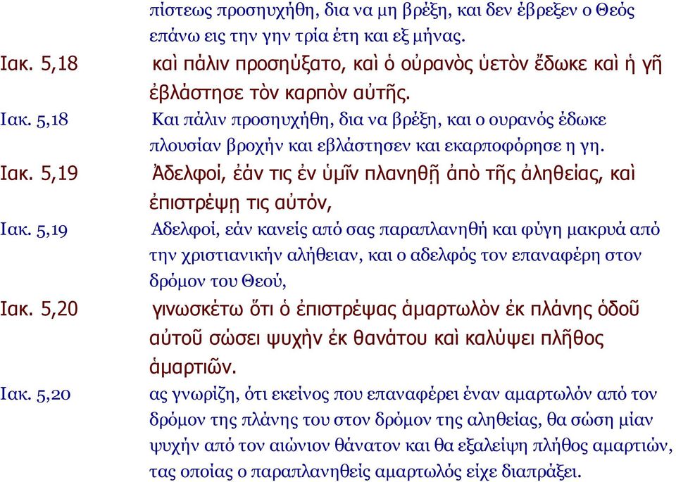 Ἀδελφοί, ἐάν τις ἐν ὑμῖν πλανηθῇ ἀπὸ τῆς ἀληθείας, καὶ ἐπιστρέψῃ τις αὐτόν, Αδελφοί, εάν κανείς από σας παραπλανηθή και φύγη μακρυά από την χριστιανικήν αλήθειαν, και ο αδελφός τον επαναφέρη στον