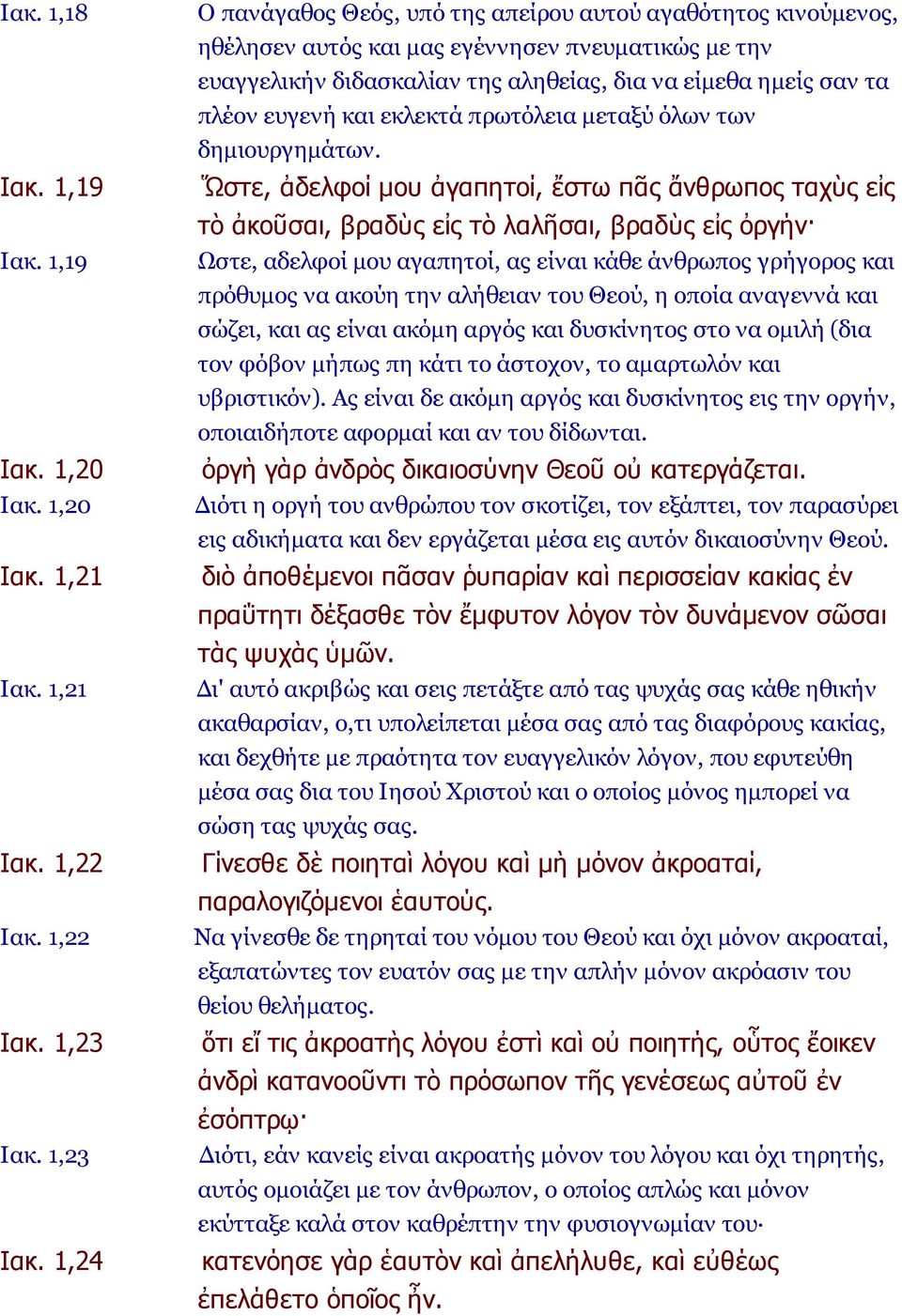 1,24 Ο πανάγαθος Θεός, υπό της απείρου αυτού αγαθότητος κινούμενος, ηθέλησεν αυτός και μας εγέννησεν πνευματικώς με την ευαγγελικήν διδασκαλίαν της αληθείας, δια να είμεθα ημείς σαν τα πλέον ευγενή