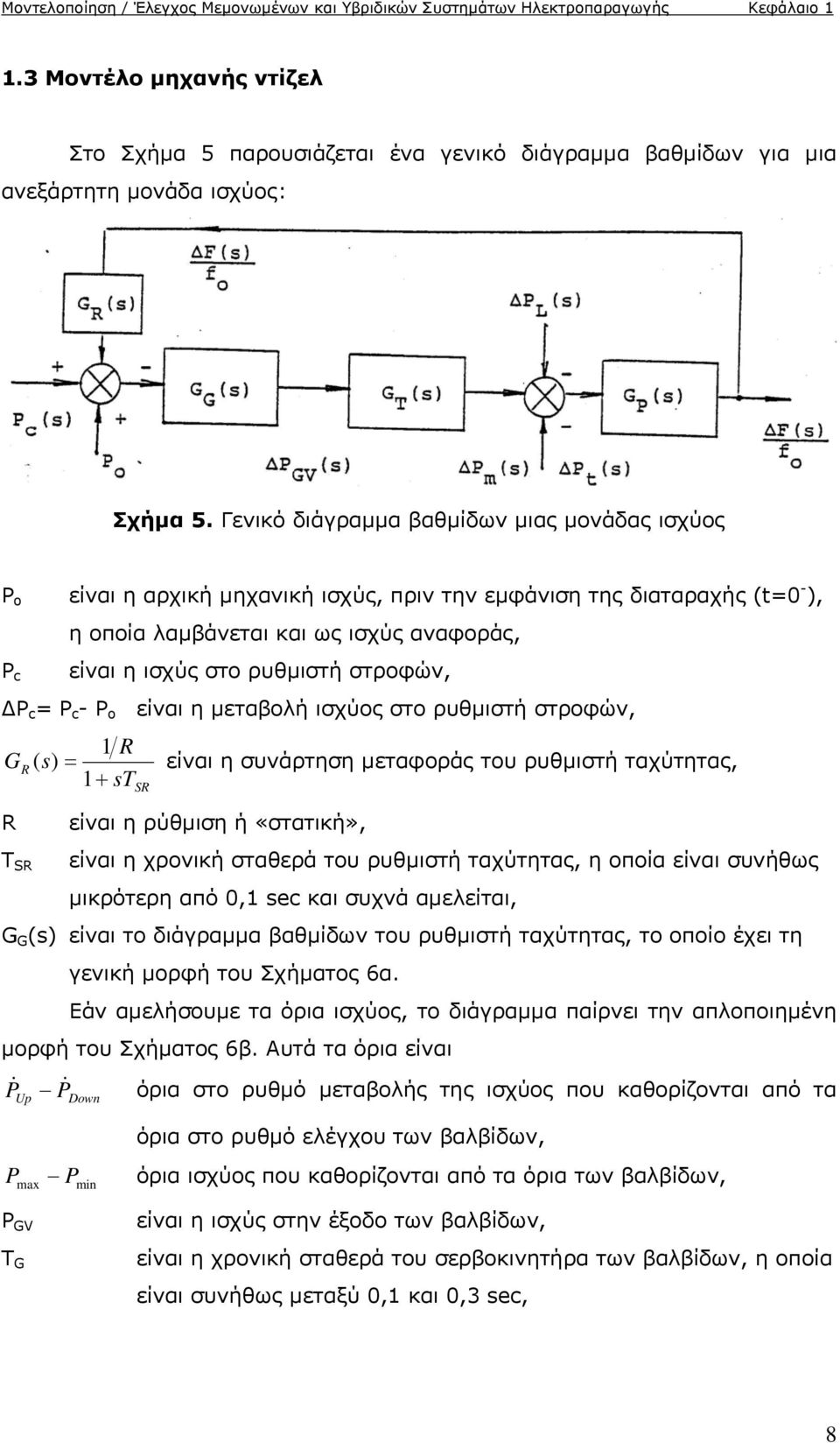 Γενικό διάγραμμα βαθμίδων μιας μονάδας ισχύος P o είναι η αρχική μηχανική ισχύς, πριν την εμφάνιση της διαταραχής (t=0 - ), P c P c = P c - P o G R R Τ SR η οποία λαμβάνεται και ως ισχύς αναφοράς,