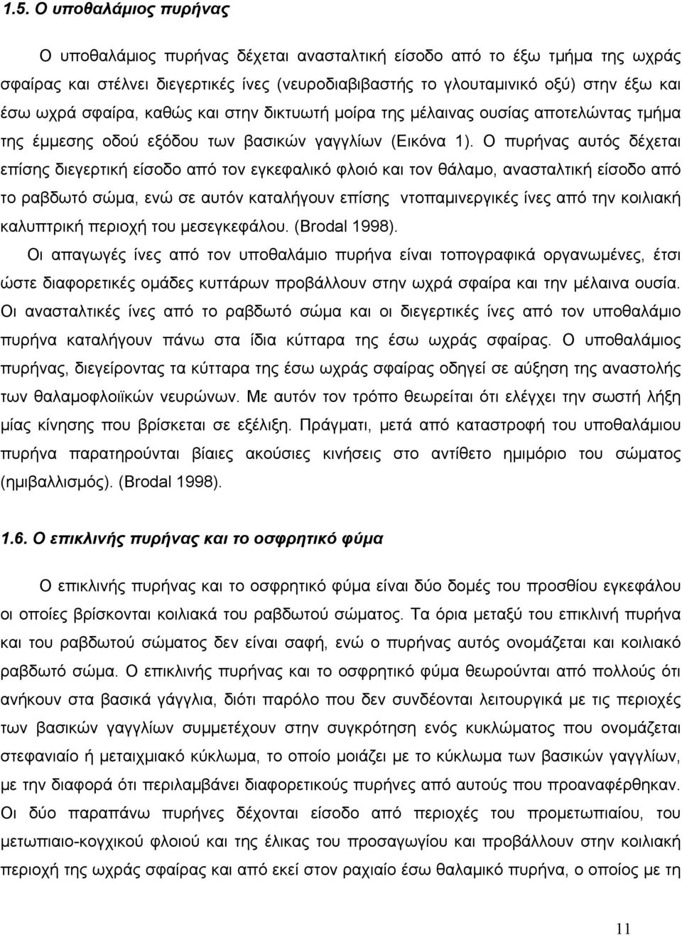 Ο πυρήνας αυτός δέχεται επίσης διεγερτική είσοδο από τον εγκεφαλικό φλοιό και τον θάλαμο, ανασταλτική είσοδο από το ραβδωτό σώμα, ενώ σε αυτόν καταλήγουν επίσης ντοπαμινεργικές ίνες από την κοιλιακή