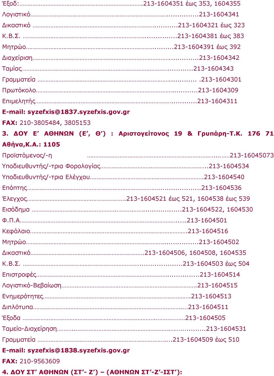 ΔOY E AΘHNΩN (E, Θ ) : Αριστογείτονος 19 & Γρυπάρη-T.K. 176 71 Αθήνα,Κ.Α.: 1105 Προϊστάμενος/-η... 213-16045073 Υποδιευθυντής/-τρια Φορολογίας...213-1604534 Υποδιευθυντής/-τρια Ελέγχου.