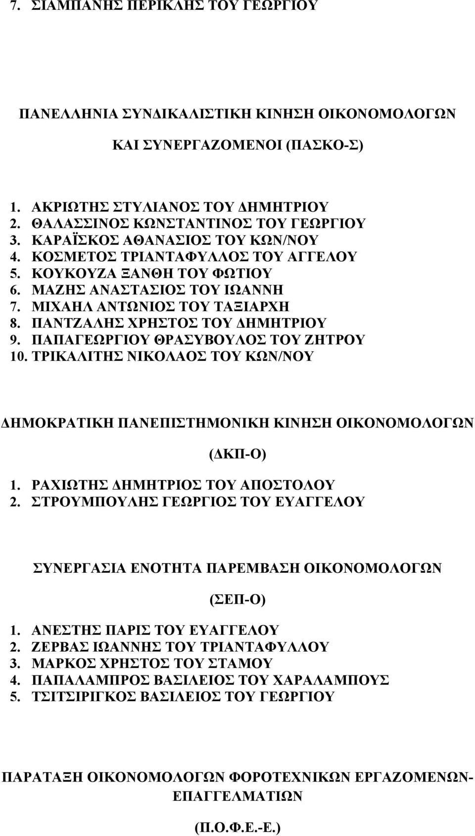 ΤΡΙΚΑΛΙΤΗΣ ΝΙΚΟΛΑΟΣ ΤΟΥ ΚΩΝ/ΝΟΥ ΔΗΜΟΚΡΑΤΙΚΗ ΠΑΝΕΠΙΣΤΗΜΟΝΙΚΗ ΚΙΝΗΣΗ ΟΙΚΟΝΟΜΟΛΟΓΩΝ 1. ΡΑΧΙΩΤΗΣ ΔΗΜΗΤΡΙΟΣ ΤΟΥ ΑΠΟΣΤΟΛΟΥ 2.