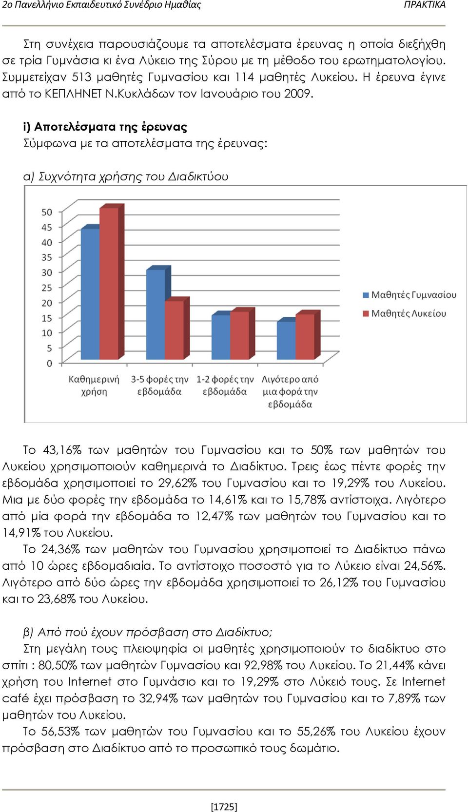 i) Αποτελέσματα της έρευνας Σύμφωνα με τα αποτελέσματα της έρευνας: α) Συχνότητα χρήσης του Διαδικτύου Το 43,16% των μαθητών του Γυμνασίου και το 50% των μαθητών του Λυκείου χρησιμοποιούν καθημερινά