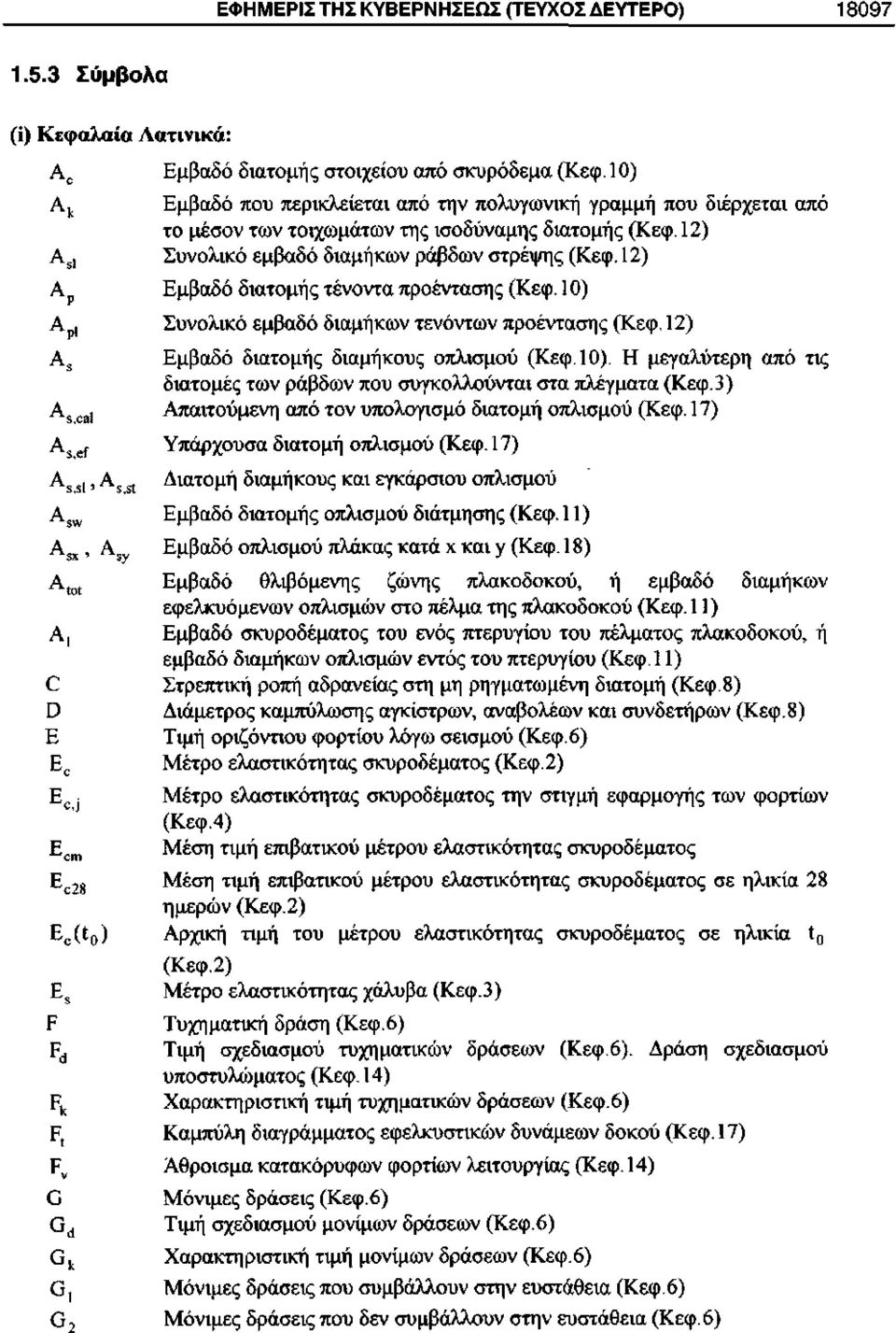 12) Α ρ Εμβαδό διατομής τένοντα προέντασης (Κεφ. 10) Α ρ, Συνολικό εμβαδά διαμηκών τενόντων προέντασης (Κεφ. 12) Α 5 Εμβαδό διατομής διαμήκους οπλισμού (Κεφ. 10). Η μεγαλύτερη από τις διατομές των ράβδων που συγκολλούνται στα πλέγματα (Κεφ.