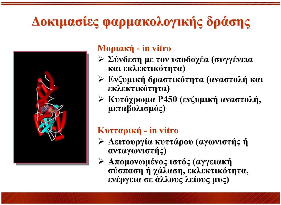 αναστολή, μεταβολισμός) Κυτταρική -in vitro Λειτουργία κυττάρου (αγωνιστής ή ανταγωνιστής)