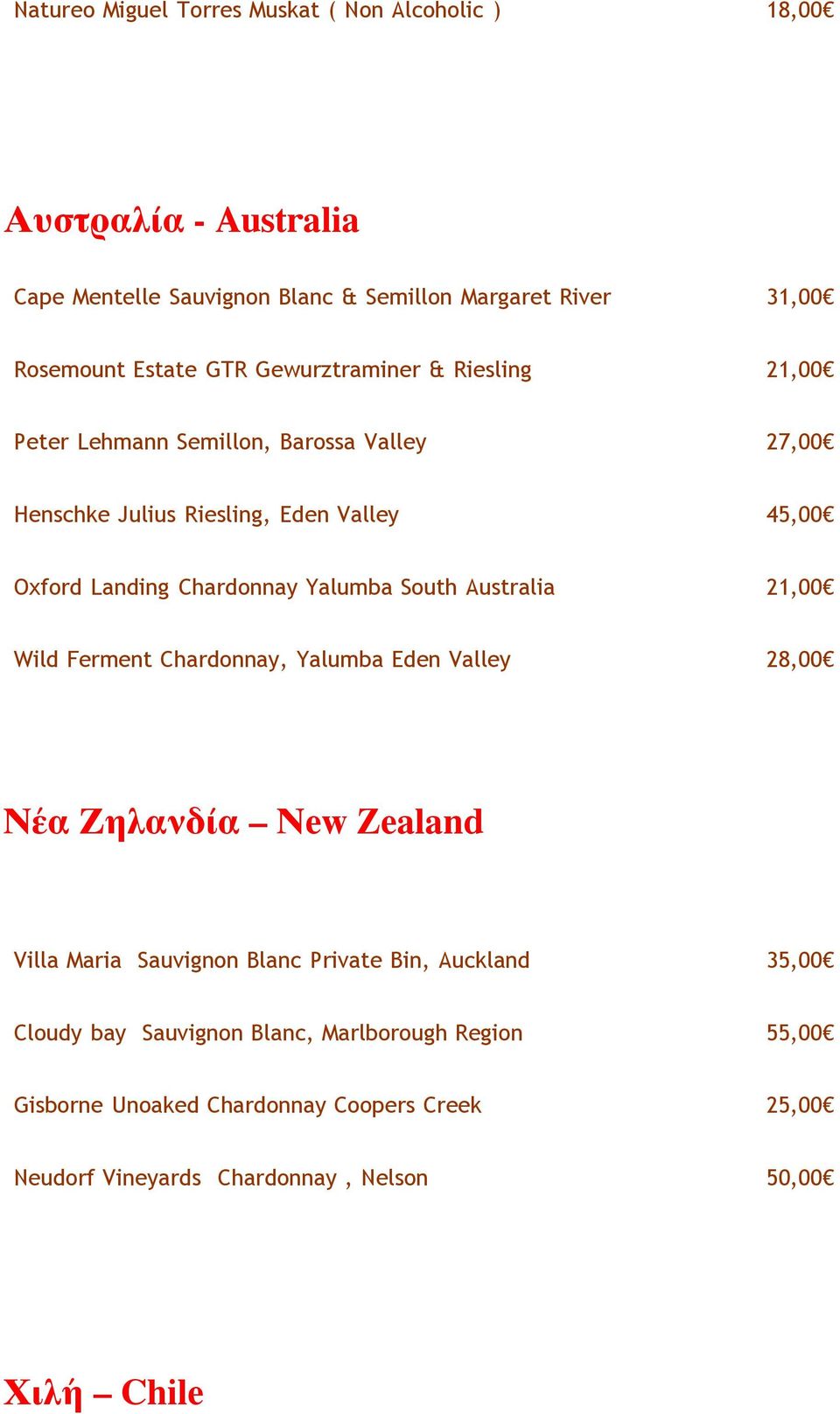 Yalumba South Australia 21,00 Wild Ferment Chardonnay, Yalumba Eden Valley 28,00 Νέα Ζηλανδία Νew Zealand Villa Maria Sauvignon Blanc Private Bin, Auckland