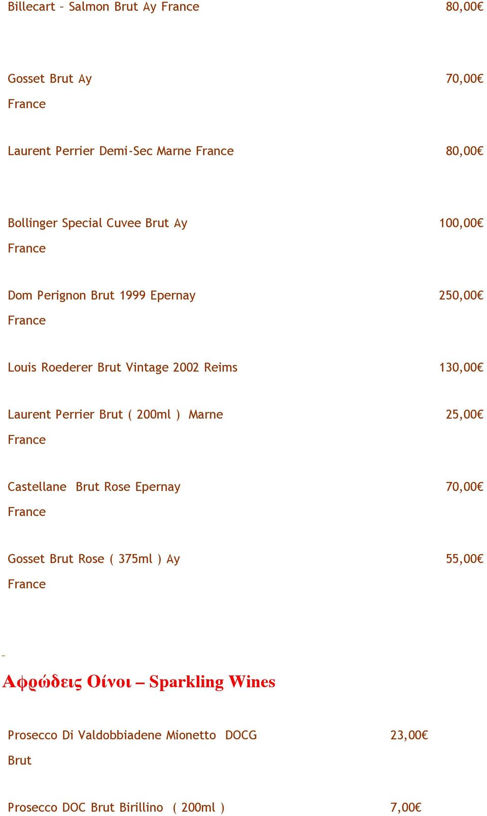 Laurent Perrier Brut ( 200ml ) Marne 25,00 France Castellane Brut Rose Epernay 70,00 France Gosset Brut Rose ( 375ml ) Ay