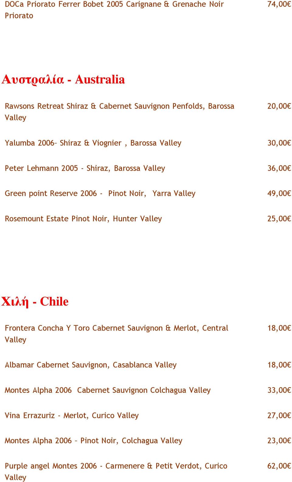 Valley 25,00 Χιλή - Chile Frontera Concha Y Toro Cabernet Sauvignon & Merlot, Central Valley 18,00 Albamar Cabernet Sauvignon, Casablanca Valley 18,00 Montes Alpha 2006 Cabernet