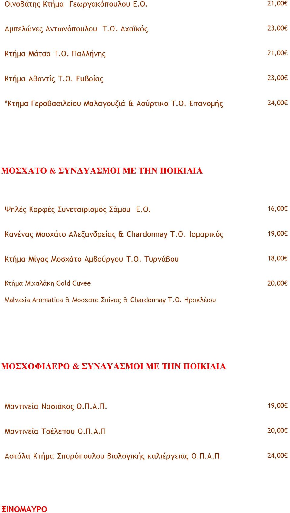 Ισµαρικός 19,00 Κτήµα Μίγας Μοσχάτο Αµβούργου Τ.Ο. Τυρνάβου 18,00 Κτήµα Μιχαλάκη Gold Cuvee 20,00 Malvasia Aromatica & Μοσχατο Σπίνας & Chardonnay T.O.