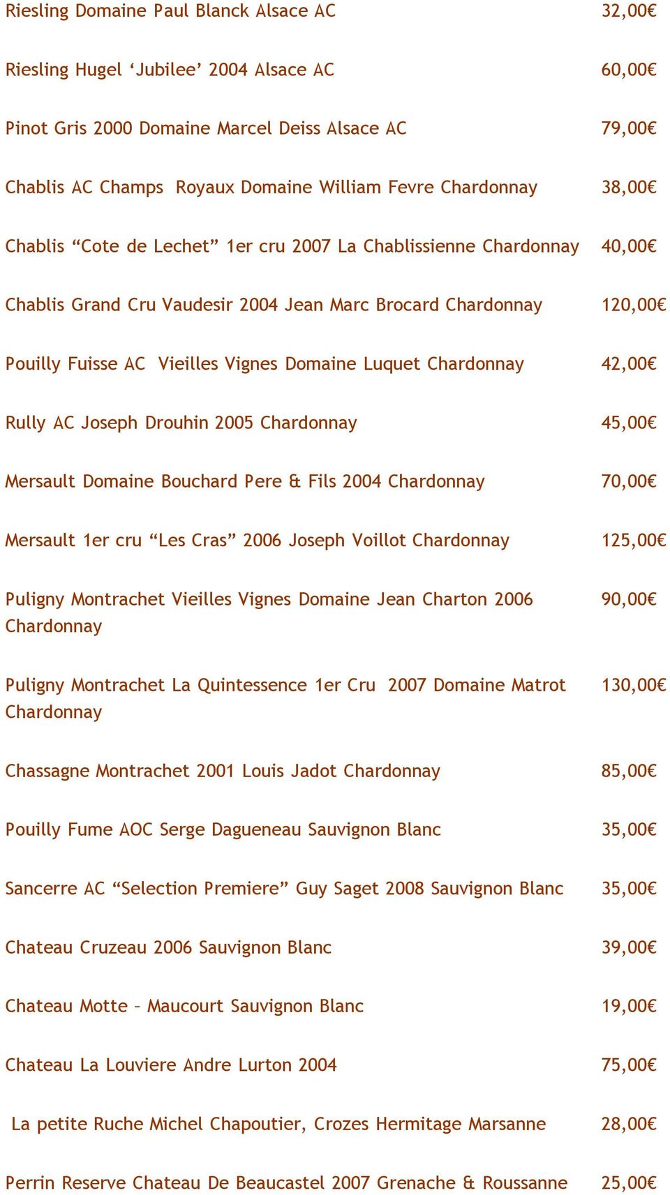 Chardonnay 42,00 Rully AC Joseph Drouhin 2005 Chardonnay 45,00 Mersault Domaine Bouchard Pere & Fils 2004 Chardonnay 70,00 Mersault 1er cru Les Cras 2006 Joseph Voillot Chardonnay 125,00 Puligny