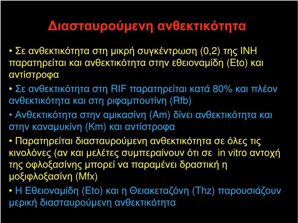 στην καναµυκίνη (Km) και αντίστροφα Παρατηρείται διασταυρούµενη ανθεκτικότητα σε όλες τις κινολόνες (αν και µελέτες συµπεραίνουν ότι σε in vitro αντοχή