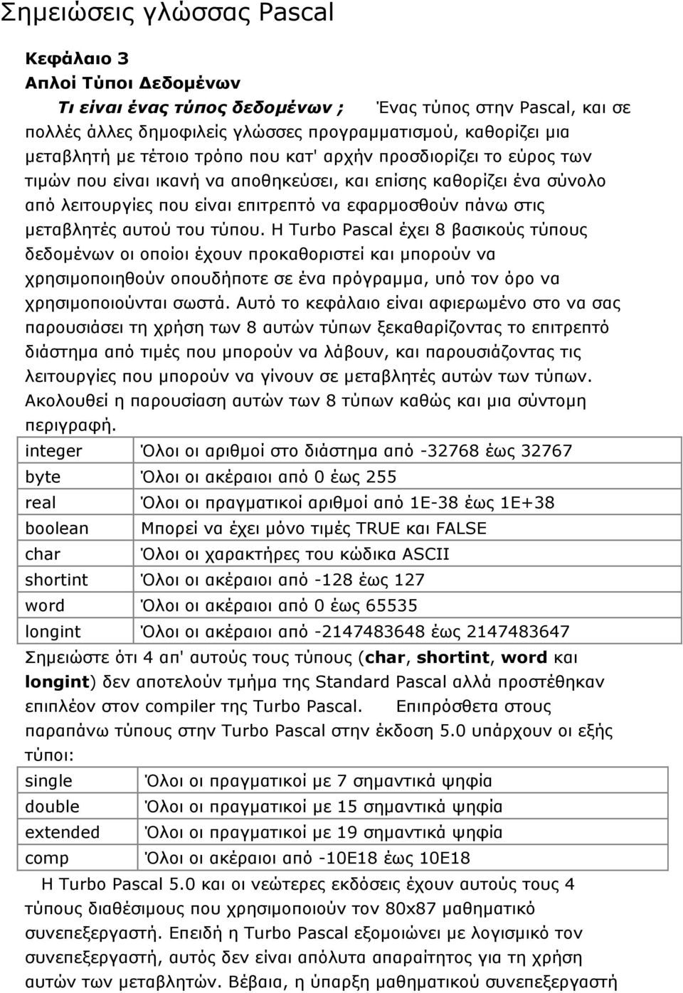 αυτού του τύπου. Η Turbo Pascal έχει 8 βασικούς τύπους δεδομένων οι οποίοι έχουν προκαθοριστεί και μπορούν να χρησιμοποιηθούν οπουδήποτε σε ένα πρόγραμμα, υπό τον όρο να χρησιμοποιούνται σωστά.