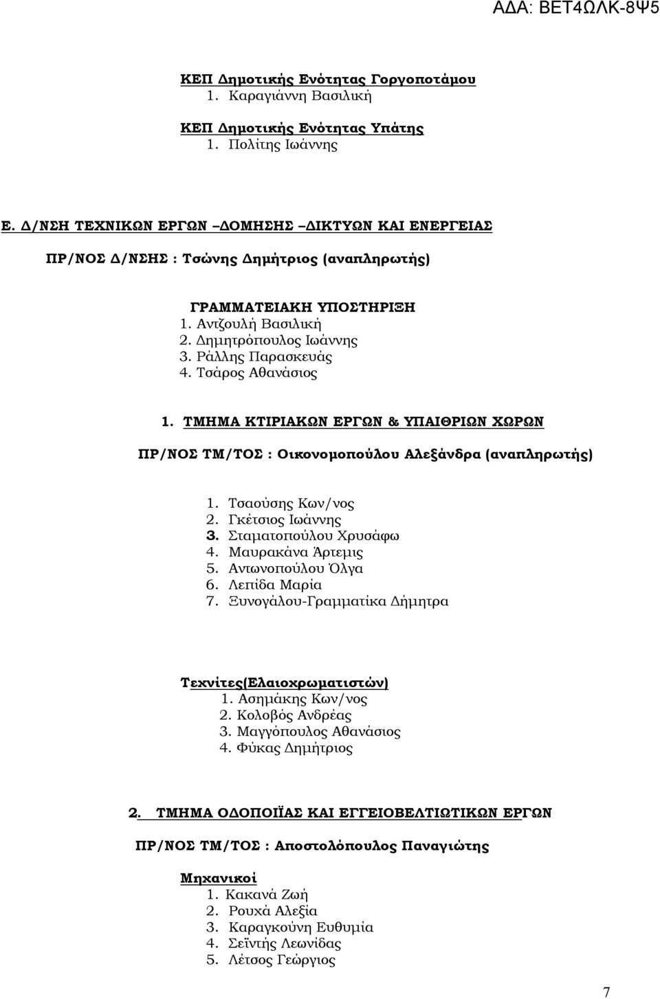 Τσάρος Αθανάσιος 1. ΤΜΗΜΑ ΚΤΙΡΙΑΚΩΝ ΕΡΓΩΝ & ΥΠΑΙΘΡΙΩΝ ΧΩΡΩΝ ΠΡ/ΝΟΣ ΤΜ/ΤΟΣ : Οικονομοπούλου Αλεξάνδρα (αναπληρωτής) 1. Τσαούσης Κων/νος 2. Γκέτσιος Ιωάννης 3. Σταματοπούλου Χρυσάφω 4.