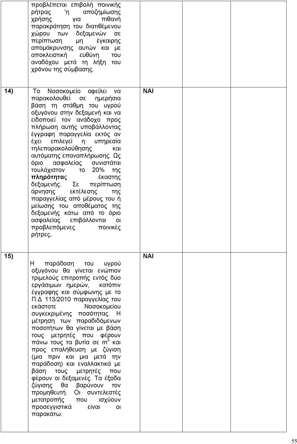 14) Το Νοσοκομείο οφείλει να παρακολουθεί σε ημερήσια βάση τη στάθμη του υγρού οξυγόνου στην δεξαμενή και να ειδοποιεί τον ανάδοχο προς πλήρωση αυτής υποβάλλοντας έγγραφη παραγγελία εκτός αν έχει