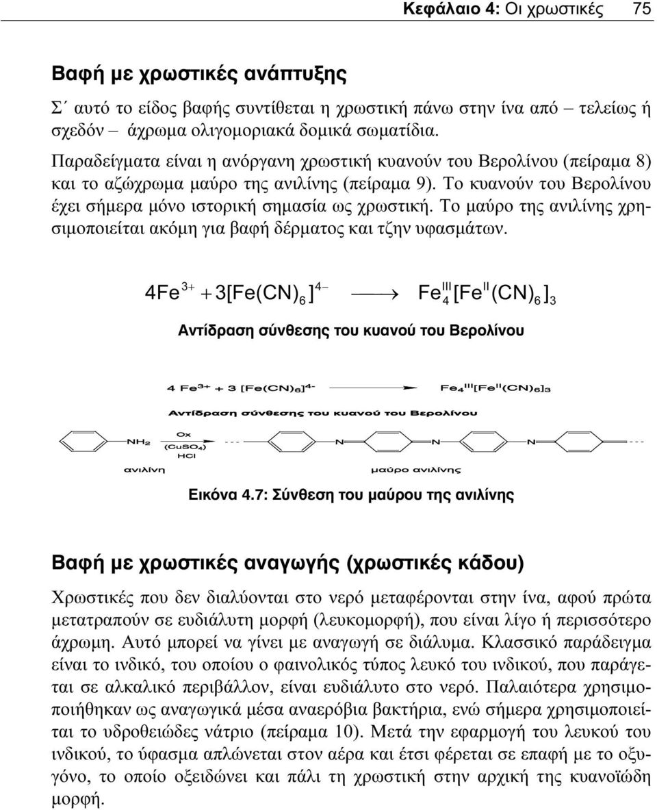 Το μαύρο της ανιλίνης χρησιμοποιείται ακόμη για βαφή δέρματος και τζην υφασμάτων. 4Fe 3+ + 3[Fe(CN) ] 4 6 Fe III 4 [Fe II (CN) 6 ] 3 Αντίδραση σ νθεσης του κυανο του Βερολίνου Εικ να 4.